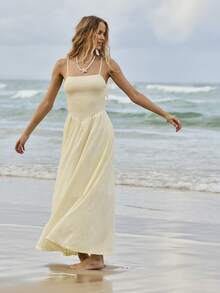 Aralina 收腰飘逸格纹长裙 - 淡黃色 - 查看 5