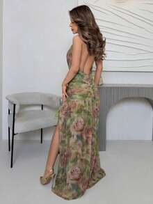 Jemour 春夏纯绿色和粉色花卉印花深 V 领高开衩网眼裙长裙，休闲海滩度假连衣裙，性感优雅连衣裙 - 綠色 - 查看 2