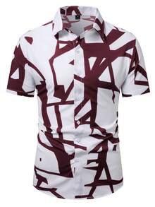 Manfinity Homme Men's Geometric Print Single-Breasted Casual Short Sleeve Shirt - Red and White - View 3