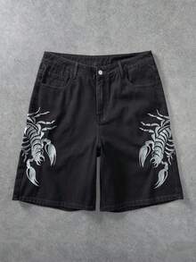 ROMWE MEN Goth Quần short denim nam thường ngày, có túi, cài nút và thêu hình bọ cạp. - Màu xanh lam - Xem 1