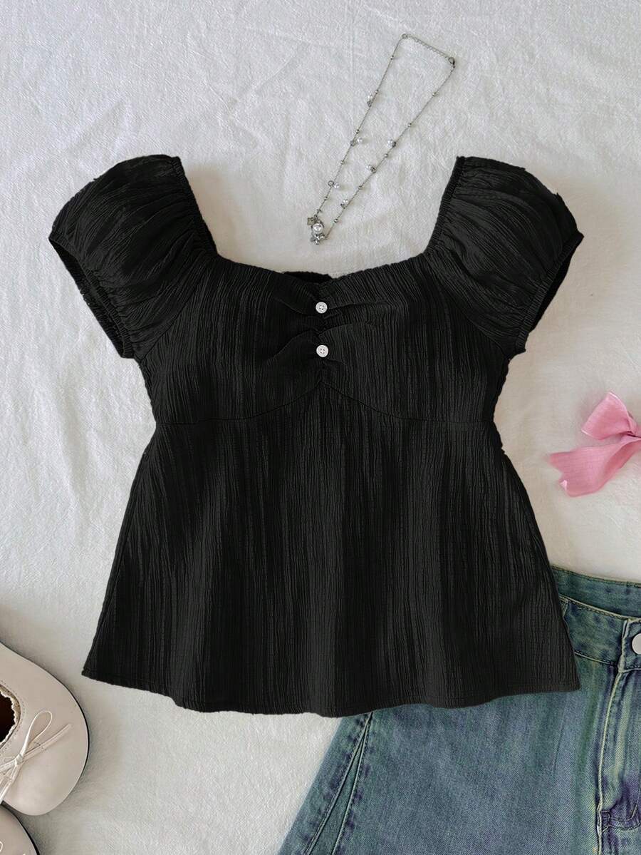 SHEIN Tween Girl Solid Color Button Design Sweetheart Collar Raglan Short Sleeve Shirt - Black - View 1