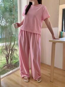 Dazy Plus Bộ đồ ngủ dệt kim 2 món, áo thun cổ tròn kẻ sọc ôm sát và quần dài rộng, màu hồng, thích hợp cho mùa xuân/hè. - Hồng - Xem 4