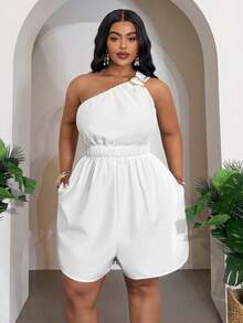Slaydiva Spring/Summer New Arrival Vacation Casual & Daily Casual & Commute Casual & Party & Date & Outing With Friends & Beach & Seaside & Hotel Resort & Cruise Vacation Solid White Sheer Fabric Sleeveless One Shoulder Metal Buckle Decor Waist Cinched With Pockets Plus Size Short Jumpsuit, Plus Size White Romper, Plus Size Playsuit Women, Plus Size White Playsuit - A Women's Talk Dress Wrap Around Dresses For Ladies Women's Dress Y2k Dresses Wow Dress - White - View 3
