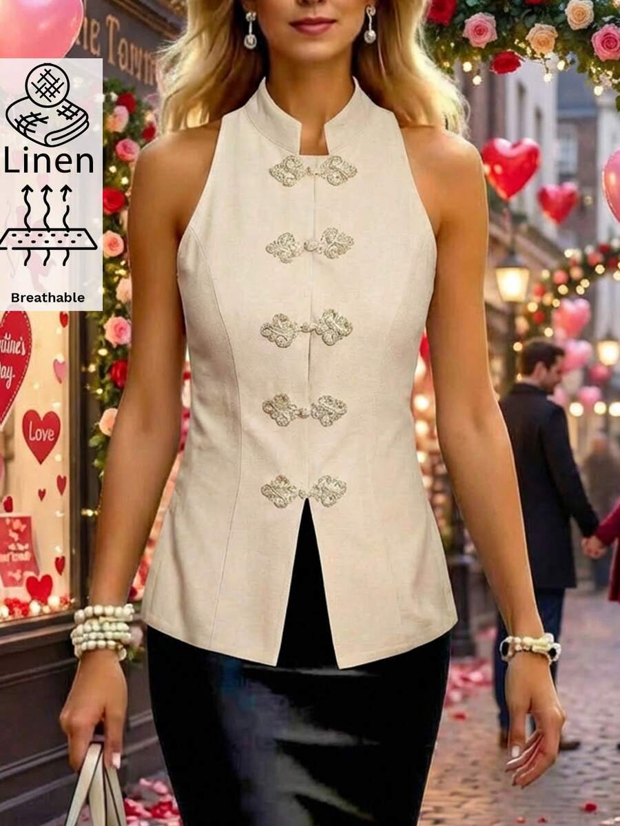 Amorya 女士新款优雅立领纽扣亚麻质感背心，百搭日常上衣 - 杏色 - 查看 1