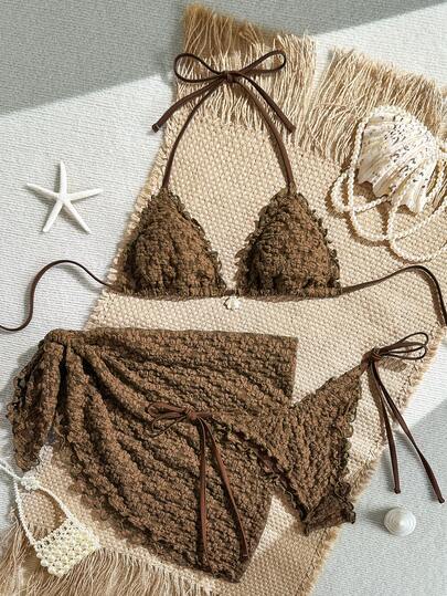 Swim Mod 3pcs/Set Solid Floral Textured Fabric Faux Pearl Shell Decor Ruffle Trim Halter Triangle Bikini Top, Side Tie Bottoms And Mini Skirt Sexy Swimwear Set, Spring/Summer Crochet Two Piece Set Crochet Bathing Suit Beach Two Piece Set Crochet Bikini Set Brown Bikini Set