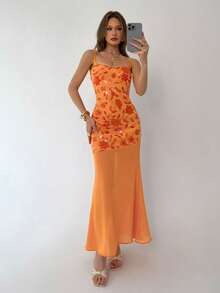 Aloruh 女士新款纯橙色亮片刺绣雪纺吊带修身长裙，性感垂褶领口，适合派对、婚礼、海滩、度假、晚宴、约会等场合 - 橘色 - 查看 7
