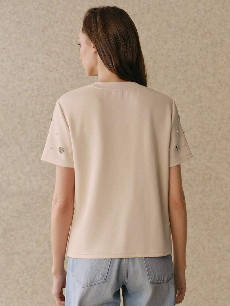Women's Apricot Elegant Loose Beaded Round Neck Short Sleeve T-Shirt, Spring/Summer Rhinestone Tops Embellished Top