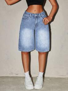 SHEIN ICON Quần short denim bạc màu thời trang nữ - Rửa nhẹ - Xem 4