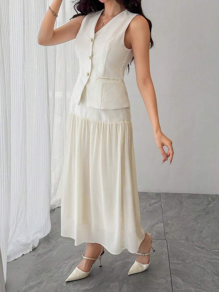 Women's Solid Color V-Neck Single-Breasted Sleeveless Top And Skirt 2-Piece Set, Fashionable For Commuting, Dating, And Outings