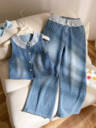 SHEIN 少女牛仔套装，花卉装饰背心上衣和宽松长裤，两件套