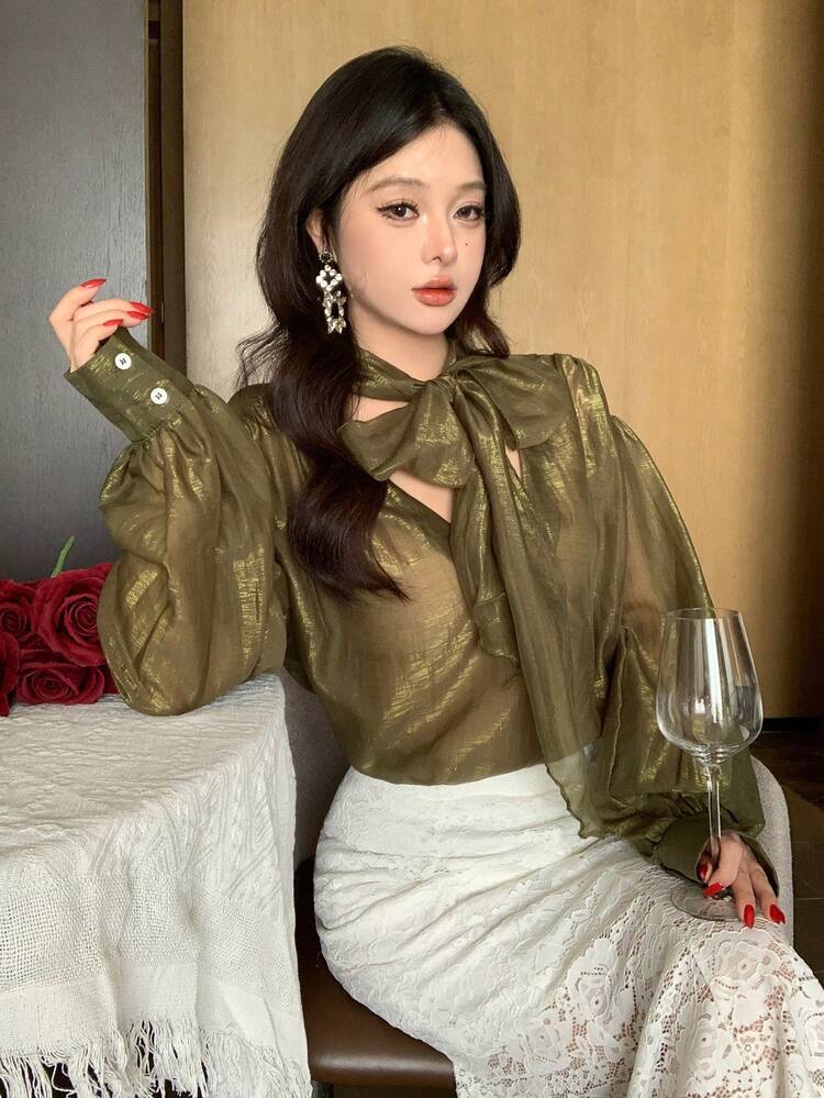 Women's Shiny Green Chiffon Blouse, Elegant For New Year, Christmas, Wedding, Party, Banquet, Fashion Pullover With Tie Neck, Deep V-Neck, Suitable For Spring, Summer, Autumn