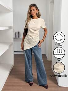 Elyressa 纯色圆领褶裥不对称下摆优雅短袖衬衫 - 杏色 - 查看 6