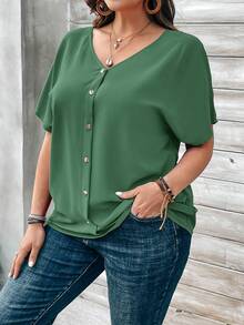 EMERY ROSE Plus Size Women's Orange Button Embellished Short Sleeve Shirt For Spring Plus Size Button Down Shirt Plus Size Summer Shirt Plus Size Casual Tops - Green - View 5