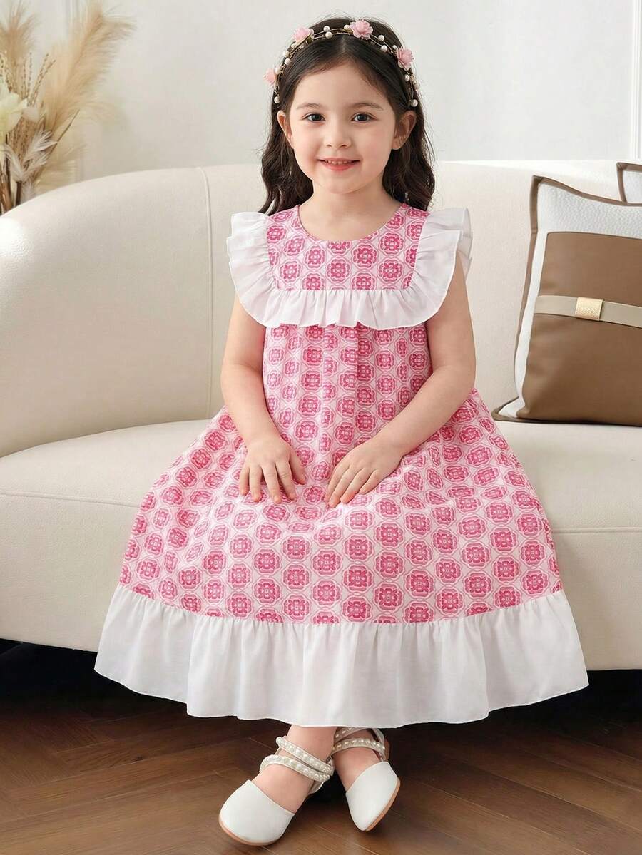 SHEIN Young Girl Woven Contrast Color Round Neck Ruffle Hem Casual Dress - Pink - View 1