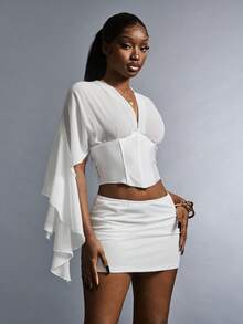 Amplova Y2K情人节女士性感简约纯色深V领露背系带修身衬衫，春夏秋季白色束身胸衣，白色衬衫，白色薄纱上衣，优雅上衣，度假女士Y2K情人节白色优雅上衣，优雅上衣，性感女士衬衫，女士上衣，优雅女士上衣，女士休闲衬衫 - 白色 - 查看 3