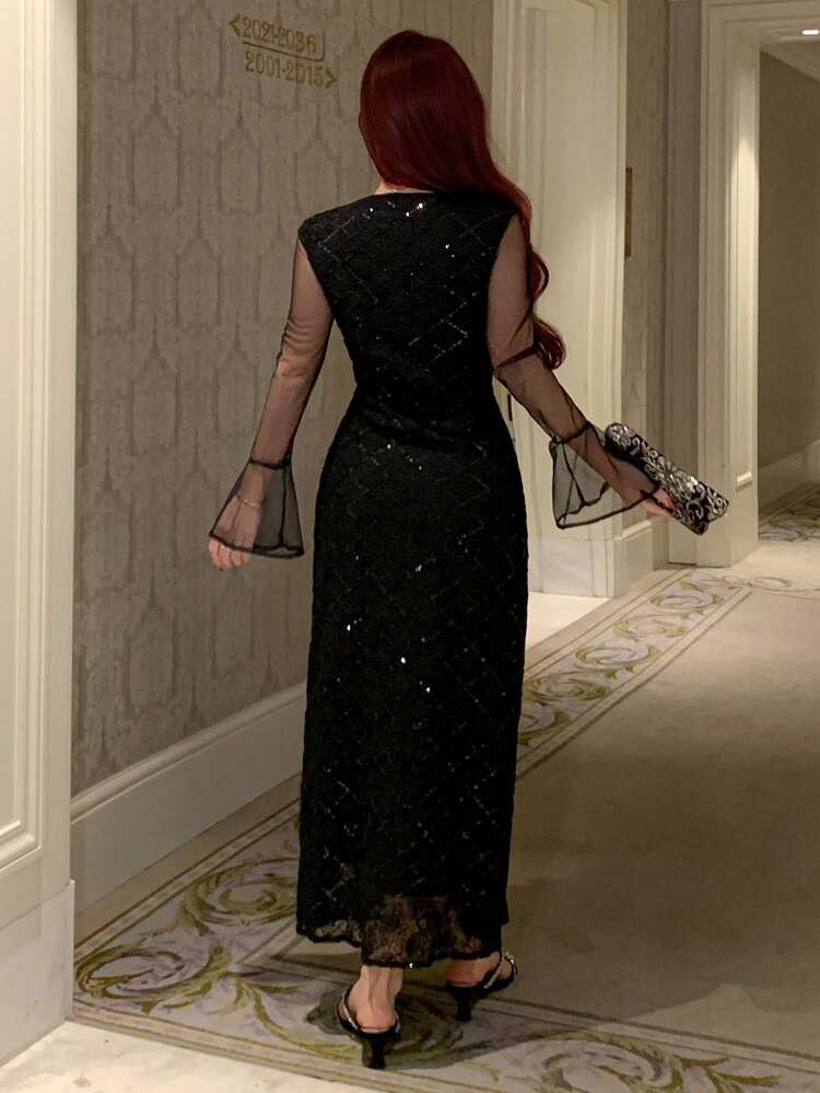 Black Elegant Party Mesh & Sequin Patchwork Fitted Mid-Length Dress, Suitable For Spring & Summer