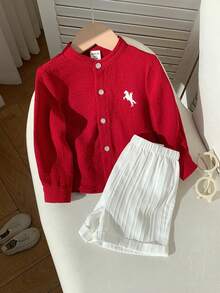 SHEIN 2pcs/Set Baby Boy Baby Boy Spring/Summer Fashion Casual Red Long Sleeve Woven Shirt And White Shorts Outfit Baby Boy Burgundy Clothes Baby Boy Red Shirt - Burgundy - View 8