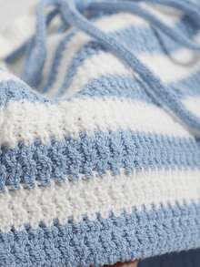 Comfortcana 女士抽绳腰带条纹休闲针织短裤 - 藍色 - 查看 3