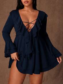 Rustia Sexy Ruffle Tie Strap Bodycon Mini Dress, Unique Design, Slimming Fit, Long Sleeve, Vacation Style - Blue - View 3