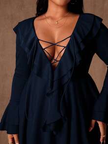 Rustia Sexy Ruffle Tie Strap Bodycon Mini Dress, Unique Design, Slimming Fit, Long Sleeve, Vacation Style - Blue - View 4