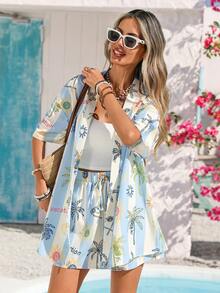 Vivid Eden Women's Vacation Summer Blue Leaf Print Kimono Shirt & Shorts 2 Pieces Beach Set - Multicolor - View 4