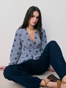 Nöista Long-Sleeve Blouse Features A V-Neckline, Cinched Waist, Peplum Hem Create A Flattering Silhouette. Spring, Summer, Easter. - Royal Blue - View 3