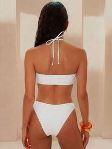 Swim Chiccia Bộ đồ bơi nữ màu trơn in hoa, bikini cho kỳ nghỉ hè ở bãi biển. - trắng - Xem 2