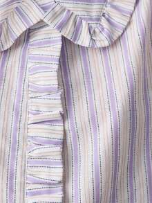 Nöista Regular Fit Blouse In Purple And White Stripes, Ruffles On Neck And Placket And Elastic Band On Cuffs. Casual Blouses For Women, Spring, Summer. - Purple - View 6