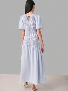 Nöista This Light Blue Striped Dress, Puff Sleeves, A Ruched Bodice With Smocking Details, And A Flowing Asymmetrical Shape. Women, Spring, Summer Outfit. - Blue - View 2