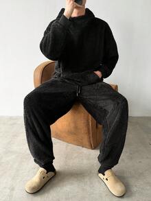 Claim Dot 男士纯色落肩长袖连帽衫带口袋休闲套装，秋冬款 - 黑色 - 查看 5