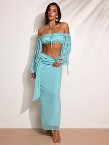 SHEIN BAE 女士性感波西米亚风度假风纯色露肩抽绳灯笼袖超短上衣和迷你裙套装，春夏款。这款绿色露肩荷叶边两件套非常适合浪漫约会、派对、正式聚会、生日装扮、海滩度假、海滩派对和日常出行。（夏季、春季、派对、海滩、度假、夏季度假装扮、假日） - 薄荷綠 - 查看 6