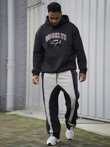 Heavens Edit 男士波士顿字母印花休闲连帽卫衣，返校季，秋冬季，长袖上衣 - 黑色 - 查看 1