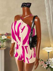 Mistrie Women's Summer Beach Vacation Style All-Over Print Pleated Halter Romper - Hot Pink - View 3