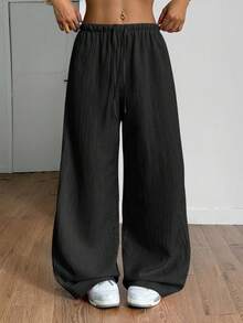 SHEIN PETITE 女士夏季纹理直筒裤 - 黑色 - 查看 6