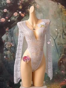 EgrlEra Women's Sexy Lace Deep V-Neck Bodysuit - White - View 12