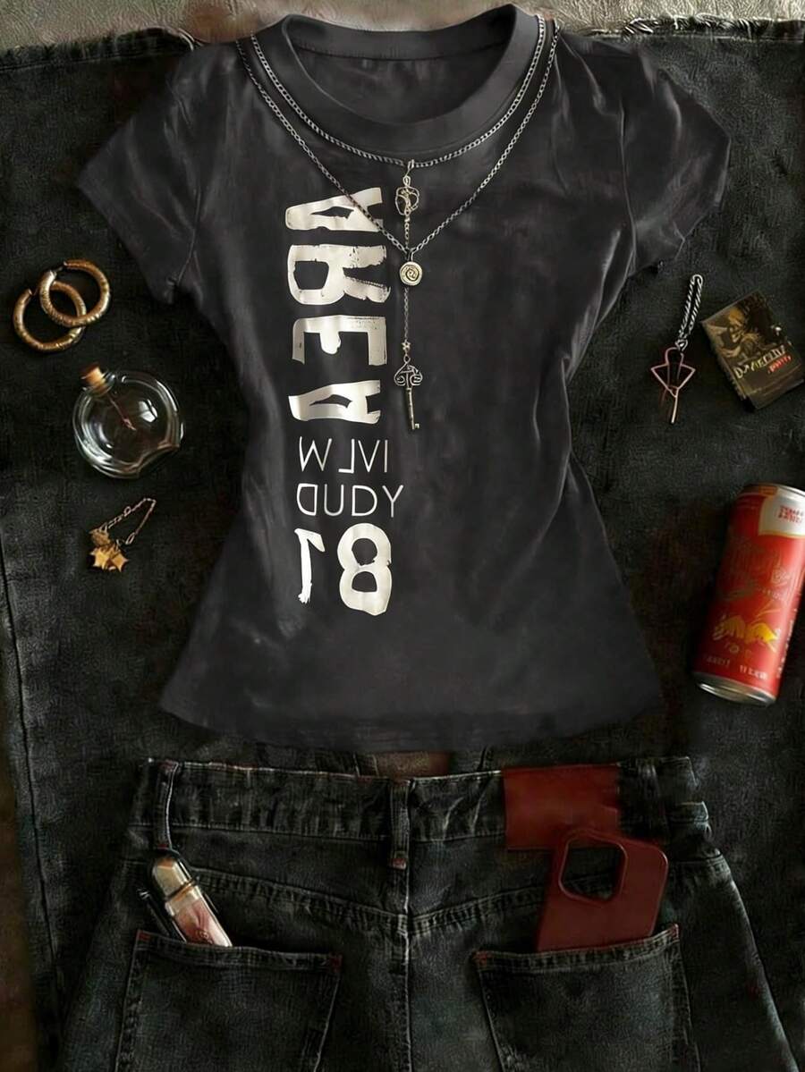 INAWLY Camiseta feminina casual e versátil com estampa de letras, gola redonda e manga curta. - Cinza - Ver 1