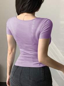 DAZY Women V-Neck Twist Front Slim Fit Cropped Short Sleeve T-Shirt Going Out Tops Women - Mauve Purple - View 5