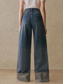 Anewsta New Rhinestone Embellished Women's Blue Straight Leg Jeans Bling Jeans Studded Jeans Wide Leg Jeans Woman Rhinestone Denim Rhinestone Jeans - Blue - View 3