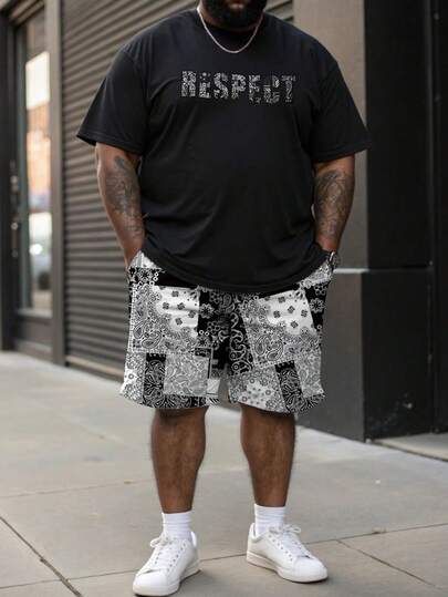 Manfinity Homme 大码男士休闲 T 恤和短裤套装，简约时尚，日常穿着