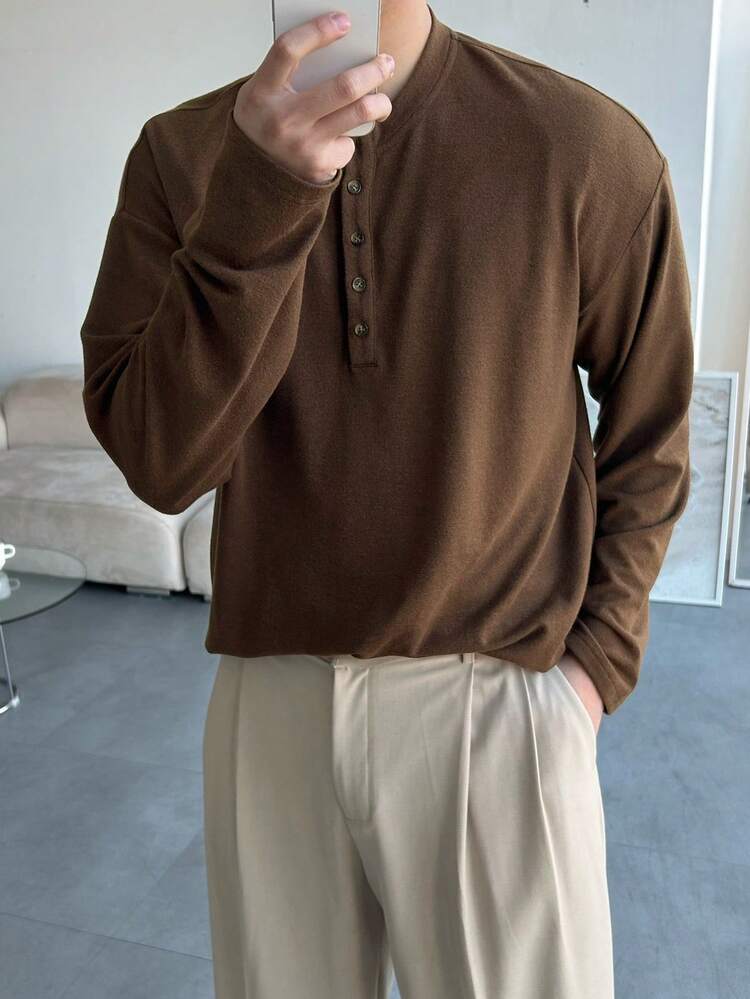 Men's Solid Brown Half-Zip T-Shirt, Spring