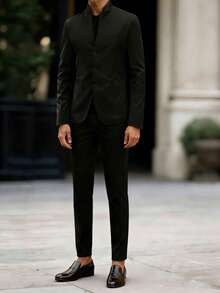 2pcs Black Suit Set:Long Sleeve Mandarin Collar Blazer&Trousers,Summer Cute Formal Tuxedo For Men&Teenagers,Shiny Minimalist Outfit For Weddings,Piano - Black - View 1