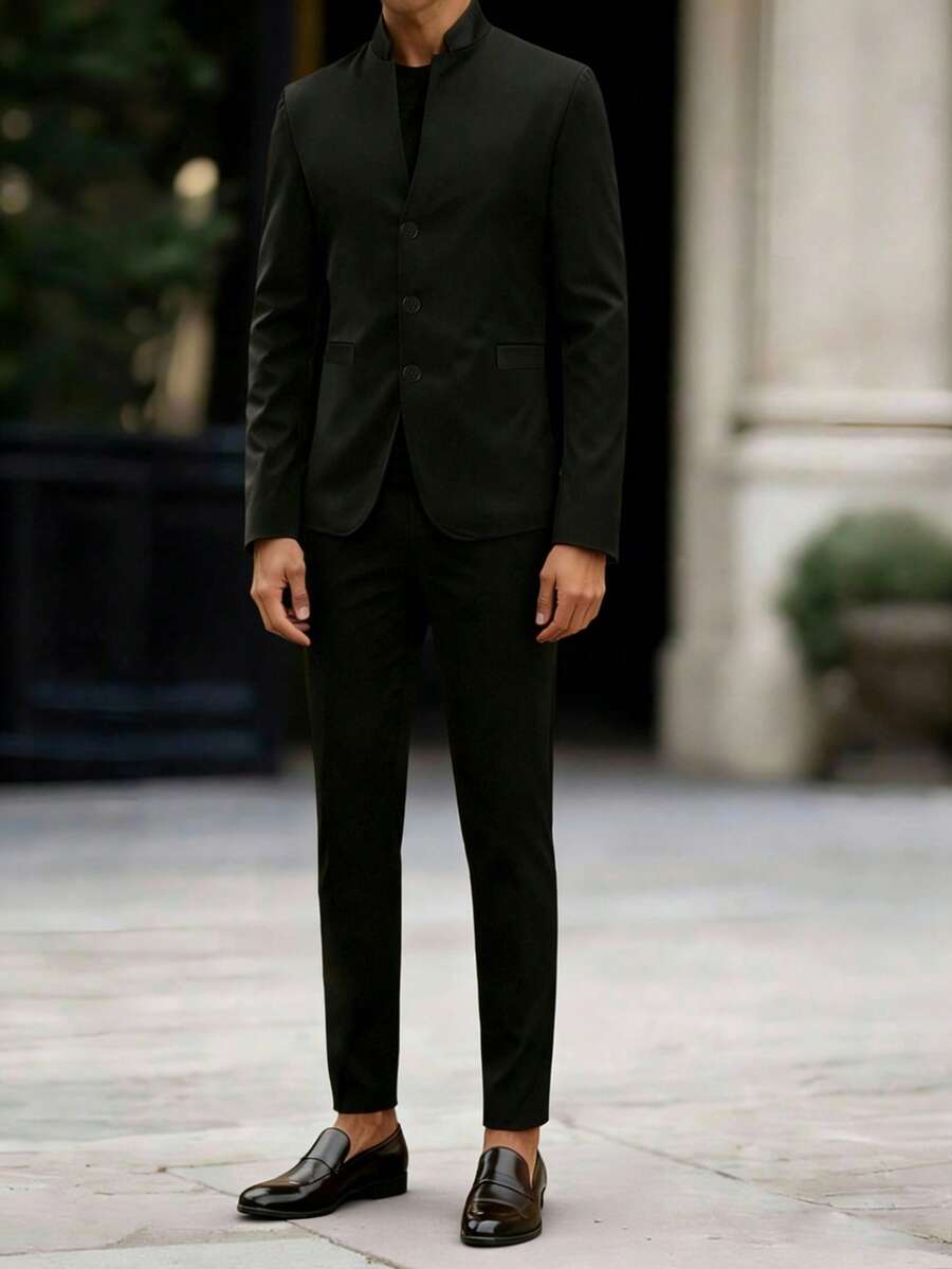 2pcs Black Suit Set:Long Sleeve Mandarin Collar Blazer&Trousers,Summer Cute Formal Tuxedo For Men&Teenagers,Shiny Minimalist Outfit For Weddings,Piano - Black - View 1