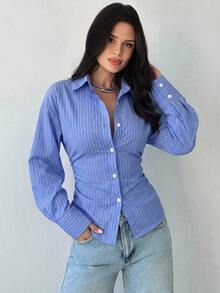 Firerie 女款藍白條紋長袖綁腰襯衫，休閒優雅商務性感幹練通勤高爾夫辦公工作穿搭，教師節秋季 - 藍色 - 查看 4