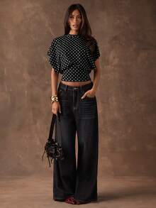 SHEIN BAE 女士休闲波点印花蝙蝠袖短款T恤，夏季 - 黑色 - 查看 6