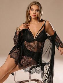 Auralis Plus Size Màu Trơn Phối Ren Gợi Cảm Váy Trơn Trượt Trong Suốt Và Bộ Đồ Ngủ Dài Tay - màu đen - Xem 5