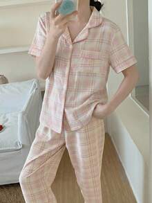 2件套女童休闲格子开衫短袖上衣和裤子睡衣套装 - 淺粉色 - 查看 5