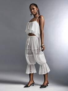 Amplova Y2K Women's Sexy Backless Tie Strap Asymmetrical Hem Camisole Tank Top, Suitable For Beach Vacation, Summer Summer Casual Women Outfits Summer Vacation Outfits  Spring Outfit Women Beach Outfit Mesh Bodycon Camisole With Sweetheart Neckline, Multi-Layered Ruffles, Irregular Hem, Sexy And Elegant Semi-Sheer Top Ruffle Top - White - View 3