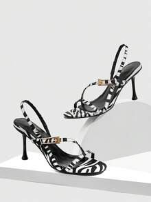 CUCCOO SZL Women's Fashion Commuter Zebra Print Buckle Heeled Sandals Valentine's Day - Black and White - View 2