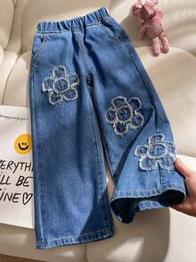 Girls (Small) Floral Design Blue Loose Fit Casual Jeans - Blue - View 1