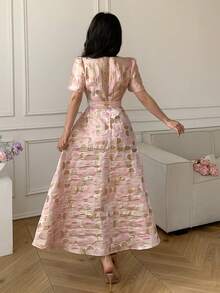 Celisse Textured Puff Sleeve Midi Dress, Square Neck, Cinched Waist Bow, Romantic Style For Dates And Commute, Elegant Tea Length Dress - Pink - View 2